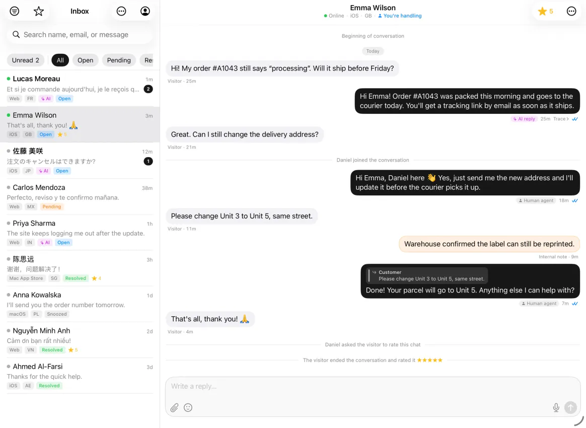 AskAIs on iPad: the shared inbox next to a conversation where the AI answered first and a teammate took over