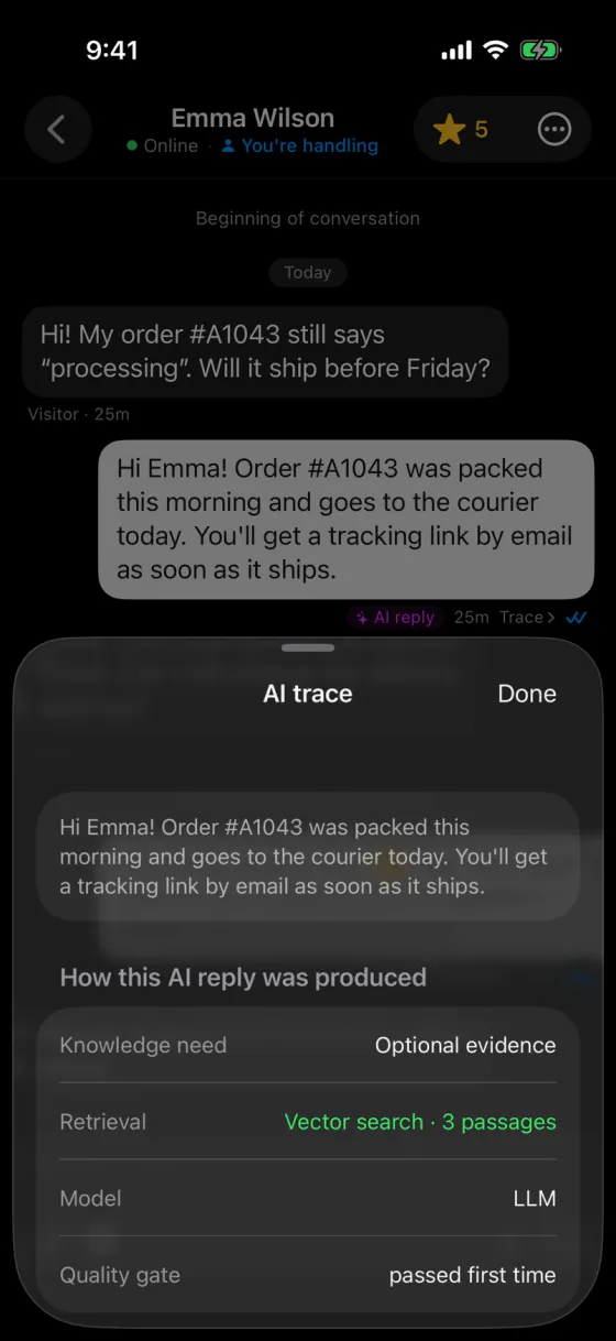 AskAIs on iPhone: an AI reply with its AI trace open